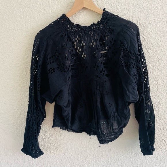 Free People Navy Eyelet Cut Out Blouse - Picture 4 of 9